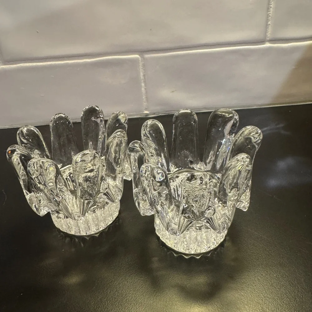 Art Glass Hand Candle Holder Set Clear Mid Century Modern Style Tea Light Pair